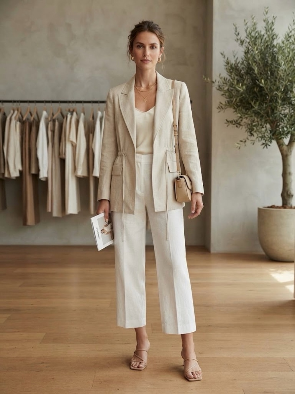 Mango Beige Linen Blend Blazer Utility Office Jacket Size XS Drawstring Waist